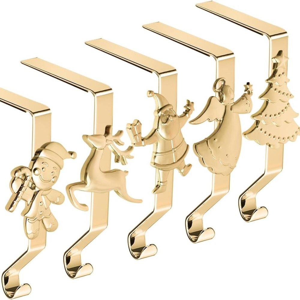 Christmas Stocking Holders for Mantle Set of 5 Gold Toned Metal Santa Angel Gift